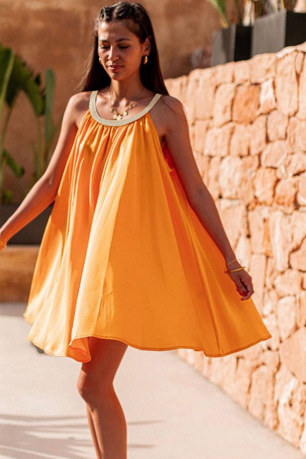 Vitality Orange Boho Woven Neckline Sleeveless Babydoll Dress
