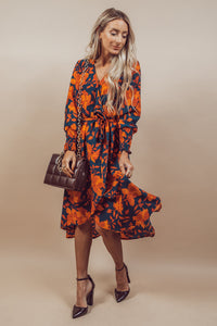 Orange Floral Print Wrap V Neck Belted Midi Dress