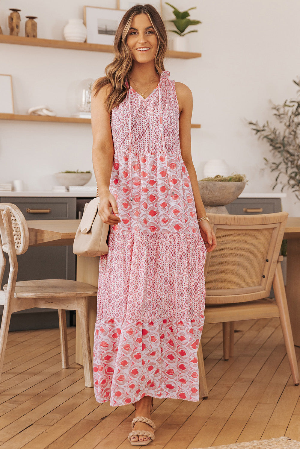 Pink Abstract Sleeveless V Neck Summer Tiered Dress