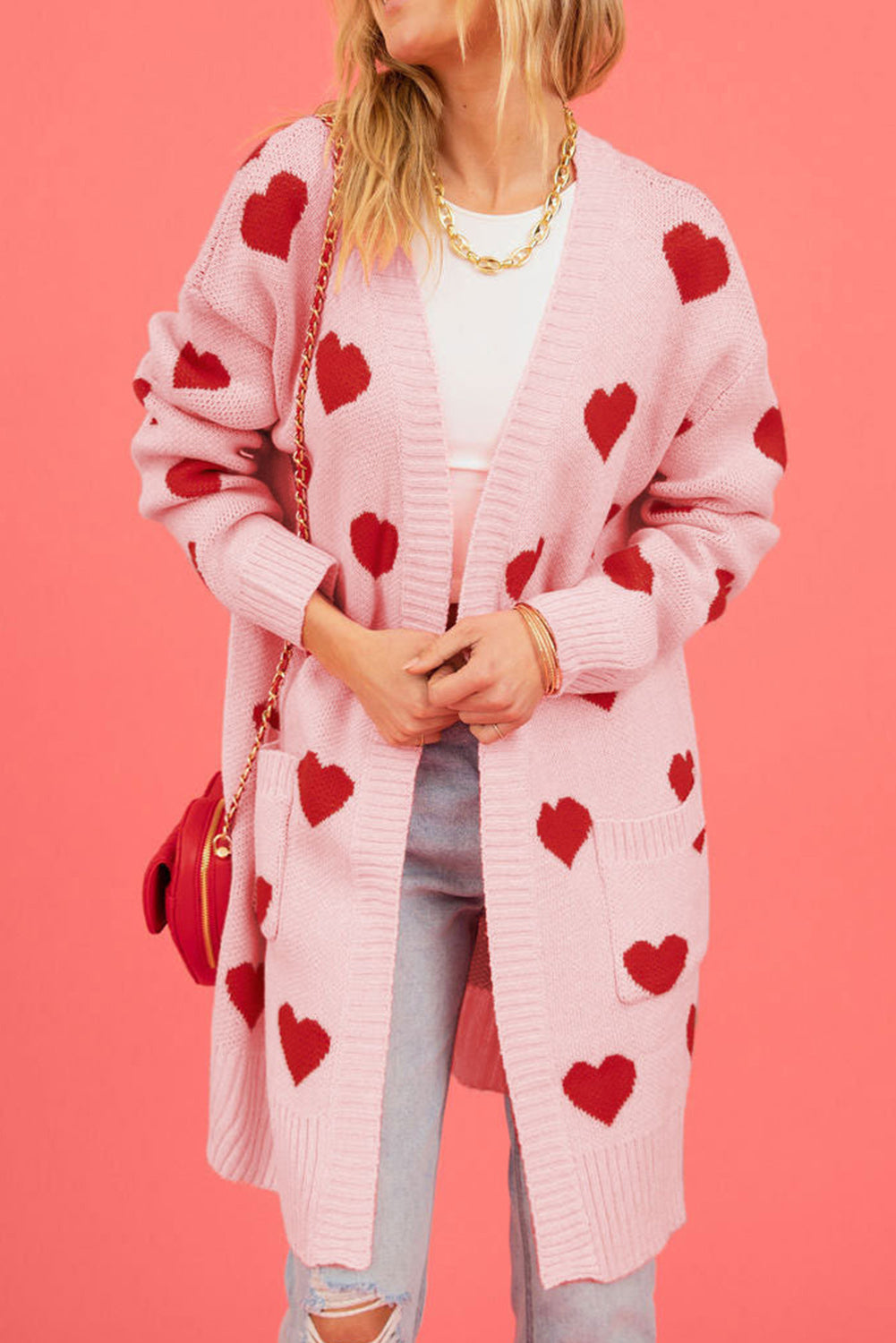Light Pink Valentine's Day Heart Print Open Front Cardigan
