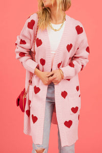 Light Pink Valentine's Day Heart Print Open Front Cardigan