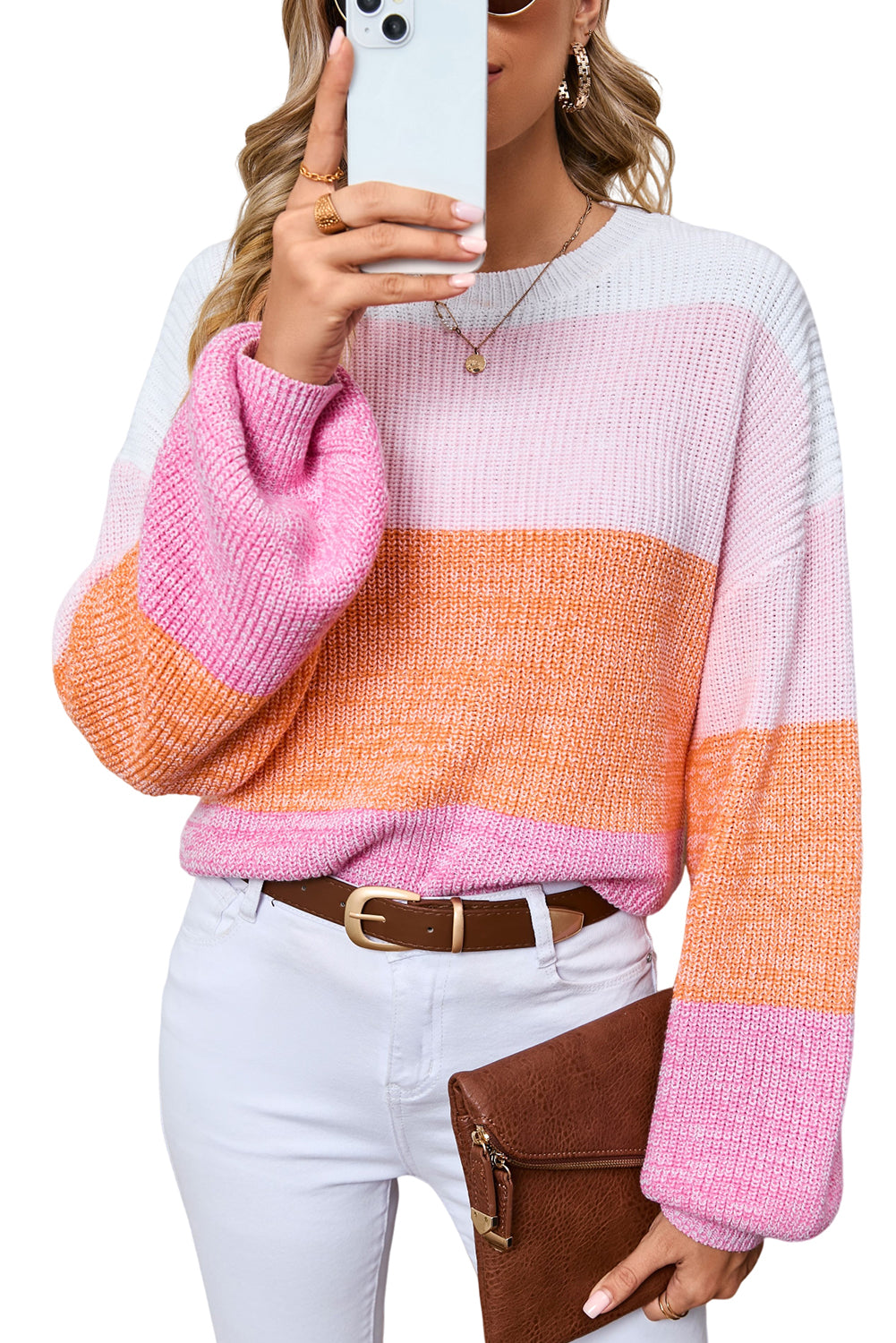 Pink Colorblock Drop Shoulder Pullover Loose Sweater