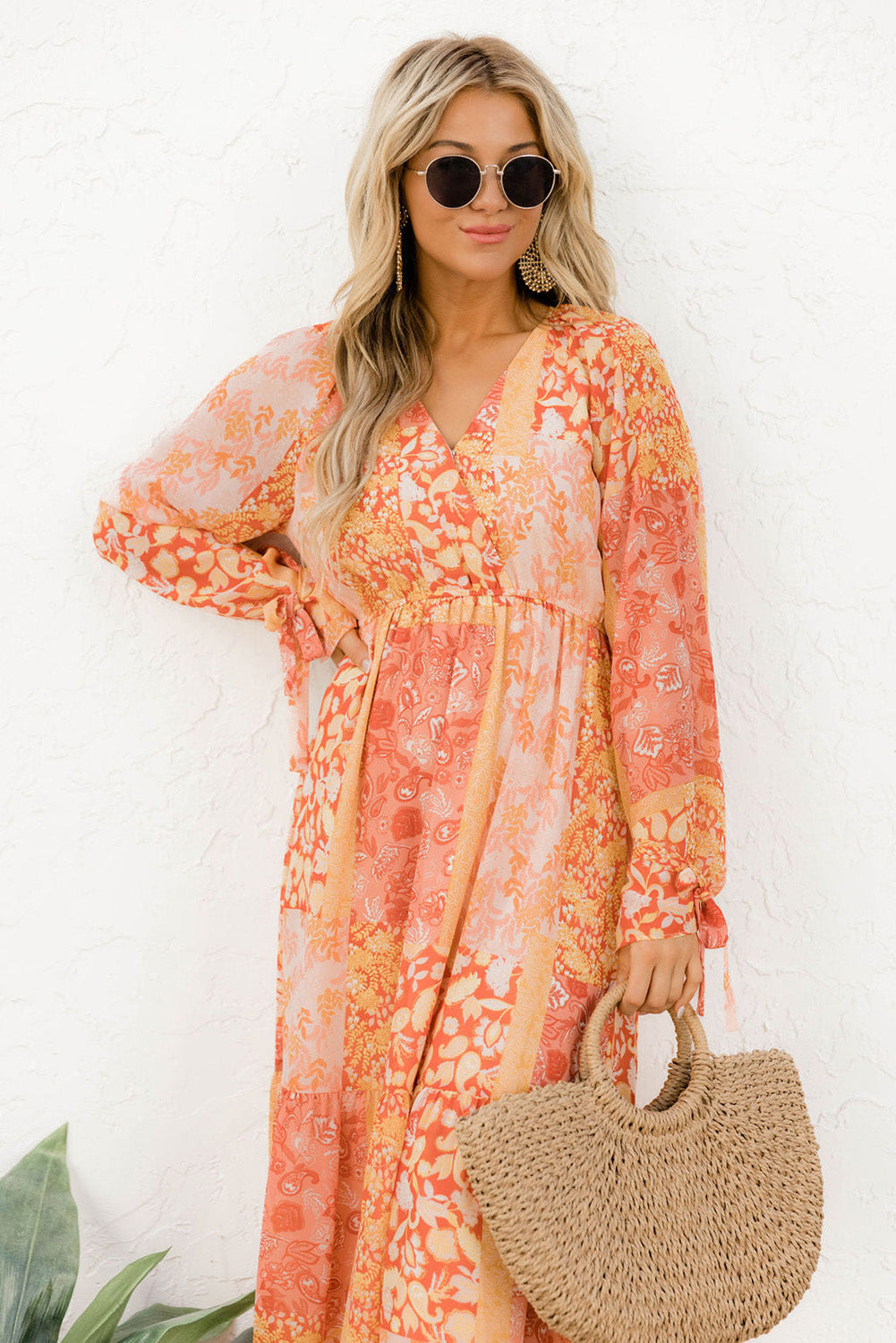 Orange Boho Floral Wrap V Neck Tie Long Sleeve Dress