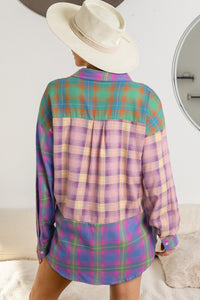 Purple Plaid Colorblock Pockets Button Up Shacket