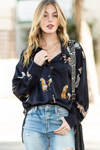 Rose Red Animal Print Button Up Satin Shirt