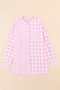 Pink Mix Checked Pocket Patchwork Long Sleeve Shacket