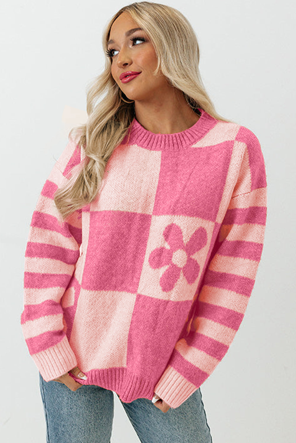 Pink Checkered and Striped Knitted Pullover Sweater