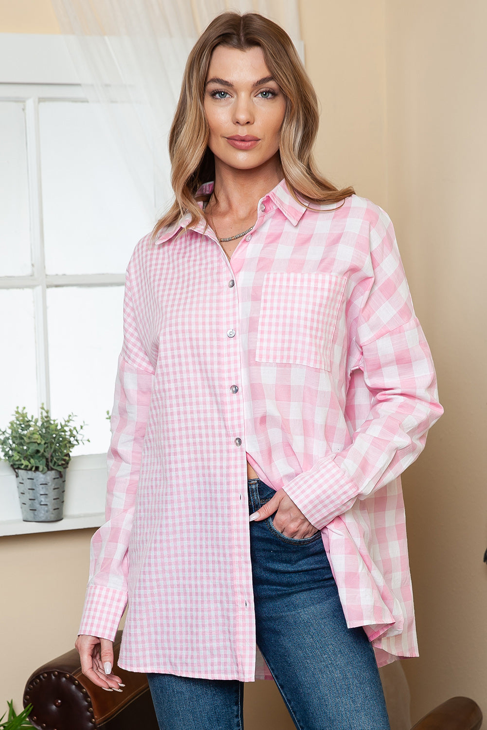 Pink Mix Checked Pocket Patchwork Long Sleeve Shacket