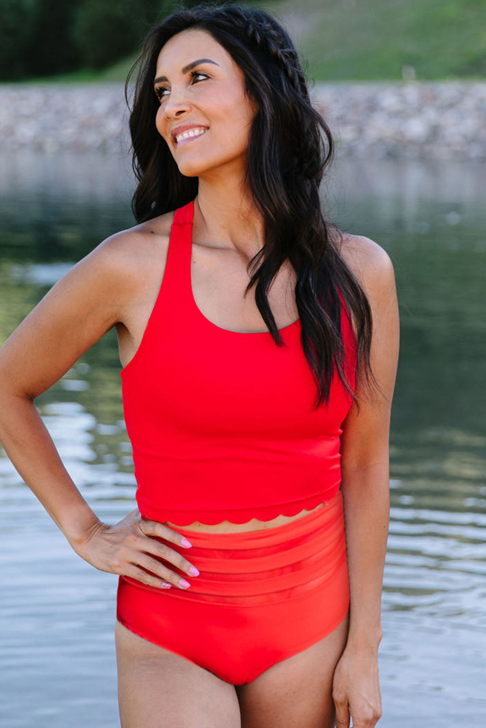 Rose Scalloped Sleeveless High Waisted Two Piece Swimsuit