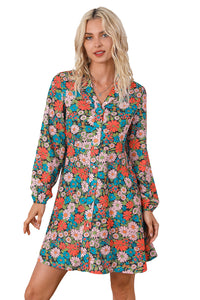 Multicolour Vibrant Floral Print Lapel Collar Button Closure Shirt Dress