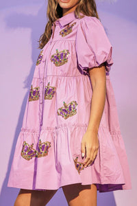 Phalaenopsis Sequined Mardi Gras Crown Bubble Sleeve Shirt Dress