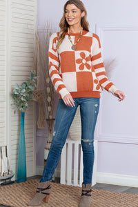 Pink Checkered and Striped Knitted Pullover Sweater