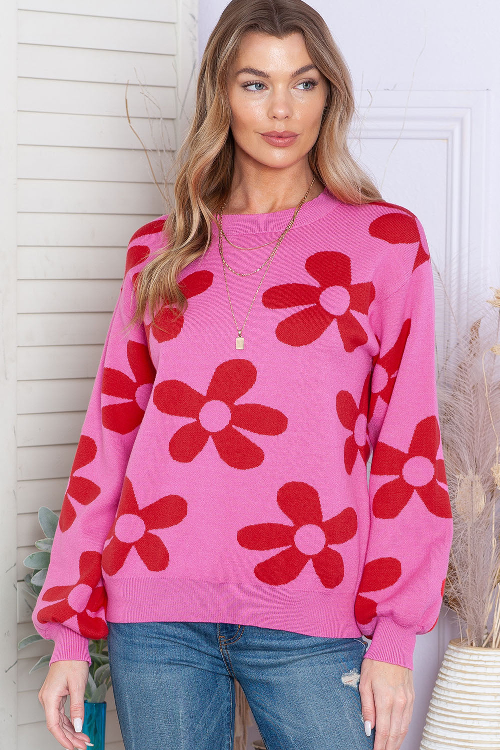 Cypress Floral Print Knitted Long Sleeve Pullover Sweater