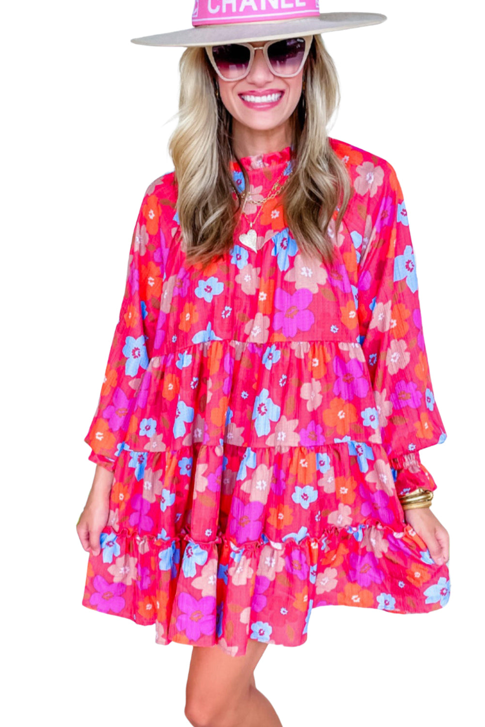 Multicolour Floral Bubble Sleeve Tiered Babydoll Dress