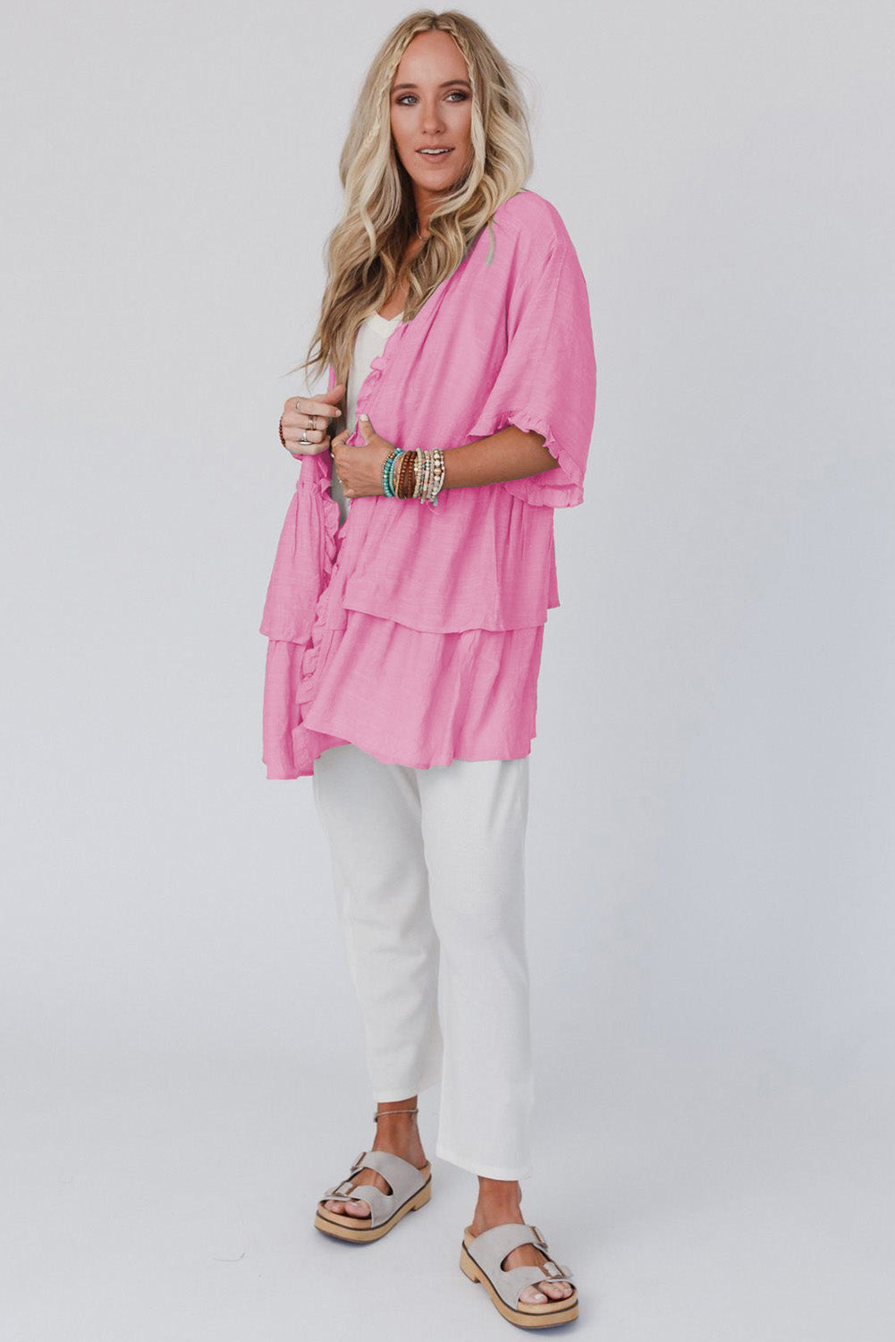 Pink Ruffled Trim Short Sleeve Open Front Kimono