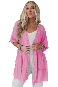 Pink Ruffled Trim Short Sleeve Open Front Kimono