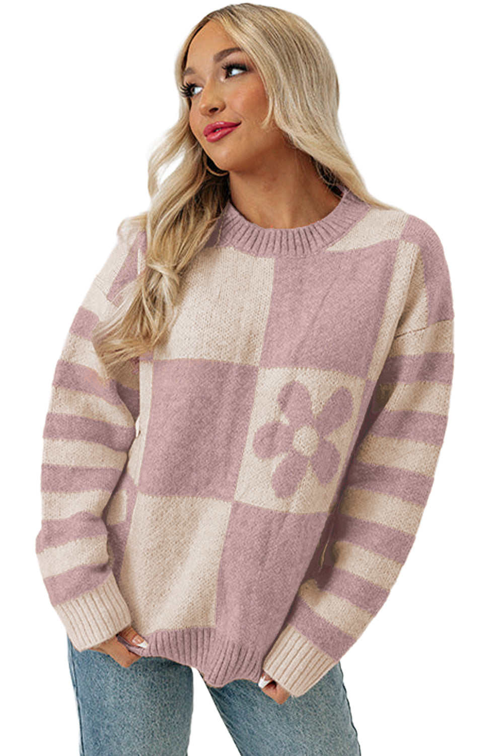 Pink Checkered and Striped Knitted Pullover Sweater