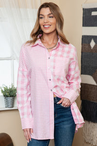 Pink Mix Checked Pocket Patchwork Long Sleeve Shacket