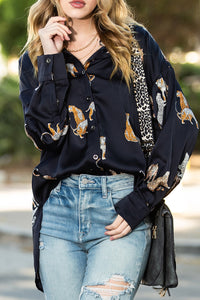 Rose Red Animal Print Button Up Satin Shirt
