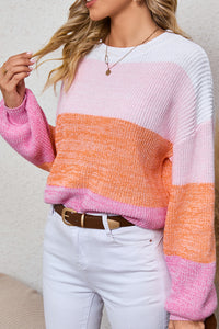 Pink Colorblock Drop Shoulder Pullover Loose Sweater