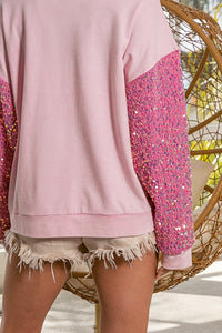 Pink Figure Printed Sequin Sleeve Patchwork Graphic Sweatshirt