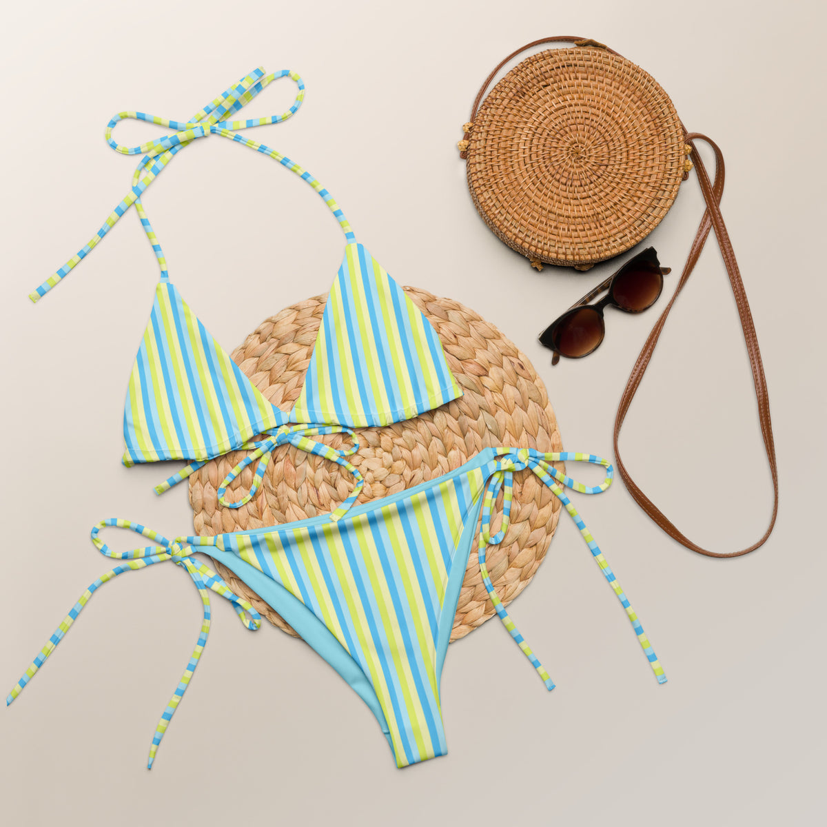 STRING BIKINI SET ECO - BLUE & LIME STRIPES