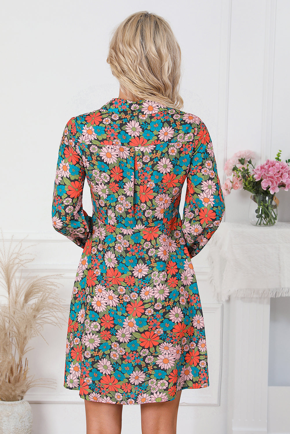 Multicolour Vibrant Floral Print Lapel Collar Button Closure Shirt Dress