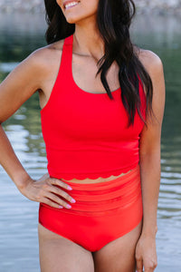 Rose Scalloped Sleeveless High Waisted Two Piece Swimsuit
