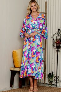 Multicolour Abstract Print High Waist V Neck Maxi Dress