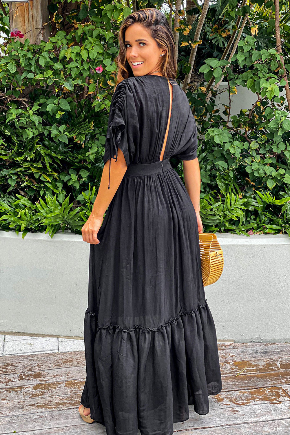 Black Drawstring Pleated Kimono Sleeve Ruffle Maxi Dress