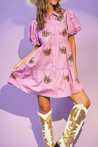 Phalaenopsis Sequined Mardi Gras Crown Bubble Sleeve Shirt Dress