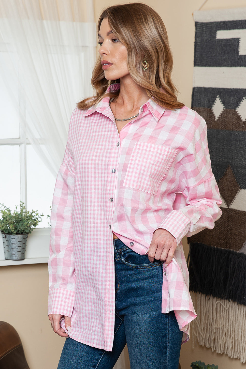 Pink Mix Checked Pocket Patchwork Long Sleeve Shacket