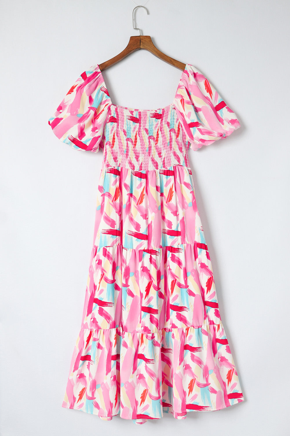 Pink Brush Stroke Printed Smocked Ruffle Tiered Dress