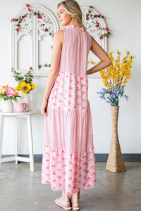 Pink Abstract Sleeveless V Neck Summer Tiered Dress