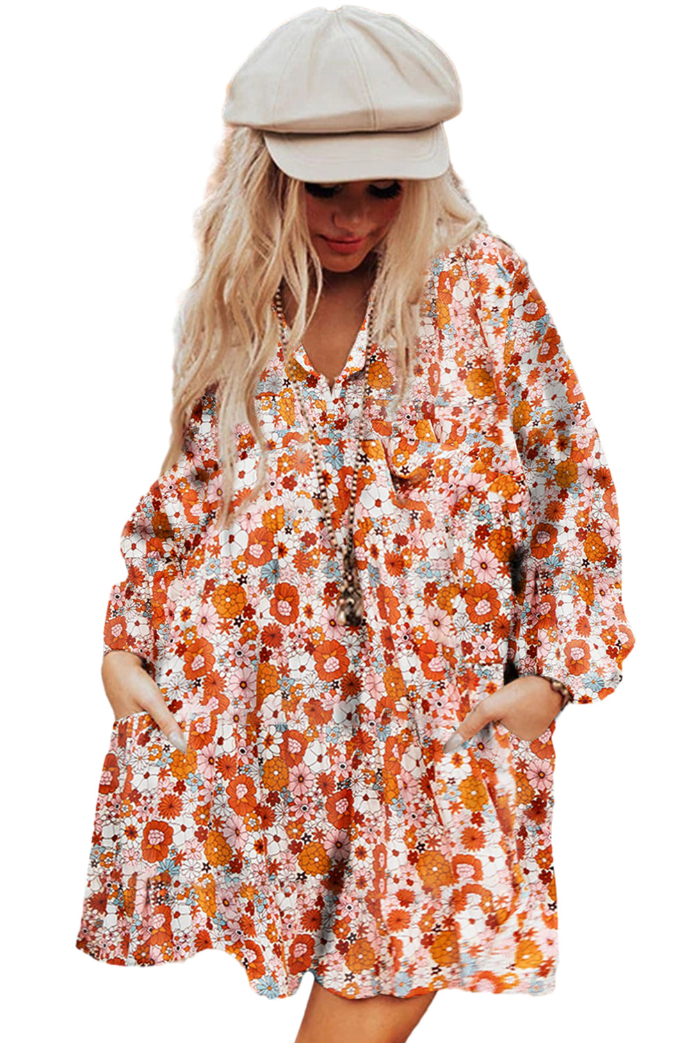 Orange Boho Floral Print V Neck Pocketed Mini Dress