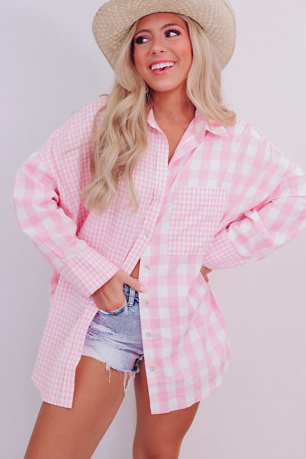 Pink Mix Checked Pocket Patchwork Long Sleeve Shacket