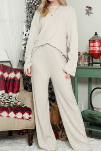 Beige Solid Color Ribbed Henley Top and Pants Set