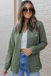 Light Blue Ripped Raw Hem Casual Button Up Denim Shacket