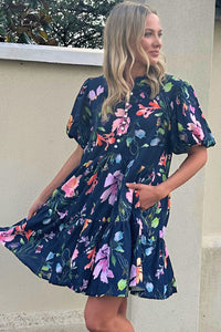 Black Floral Bubble Sleeve Button Mandarin Collar Dress