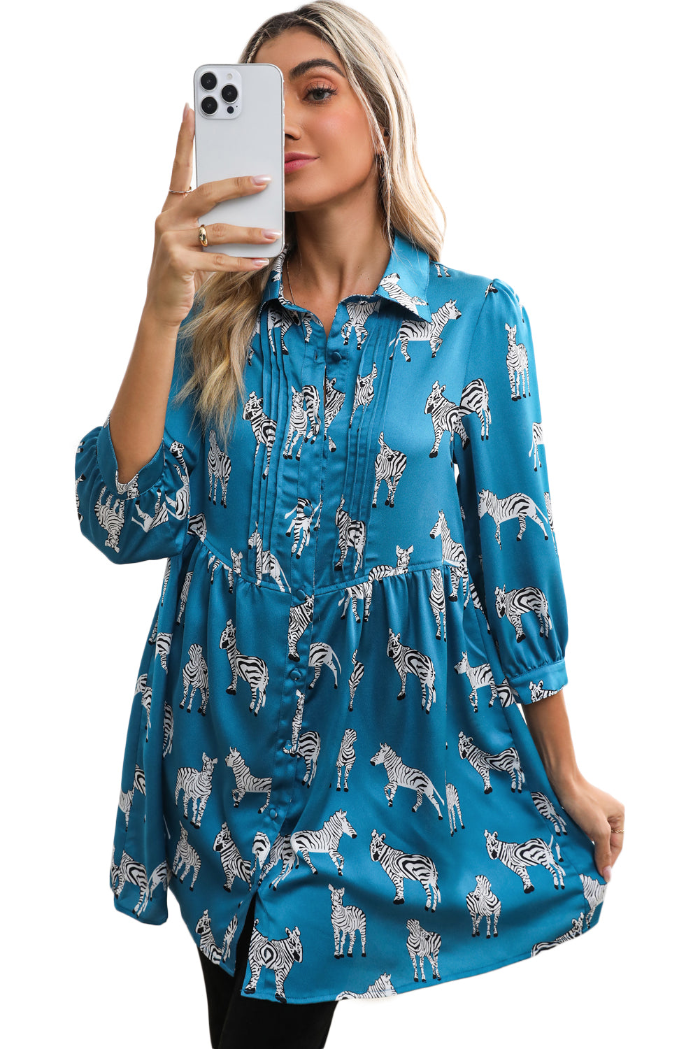 Blue Zebra Print Ruched Babydoll Dress