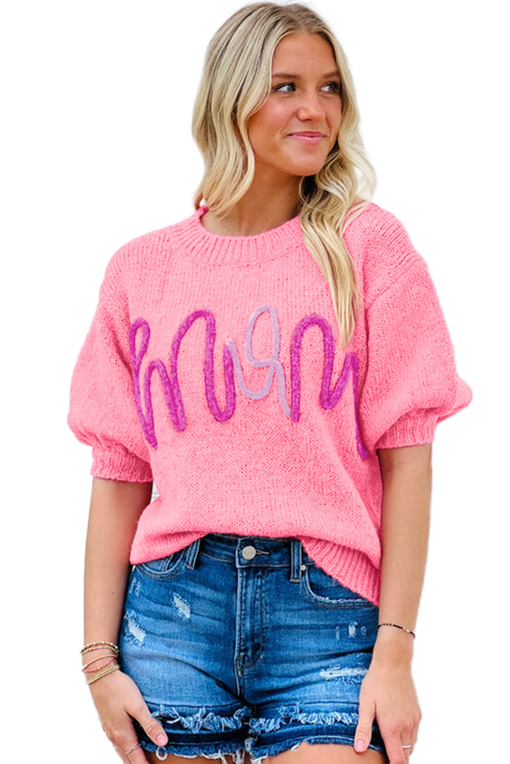 Pink Mom Letter Pattern Short Puff Sleeve Sweater