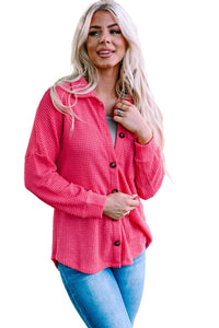 Hot Pink Pocket Buttons Front Waffle Knit Shacket