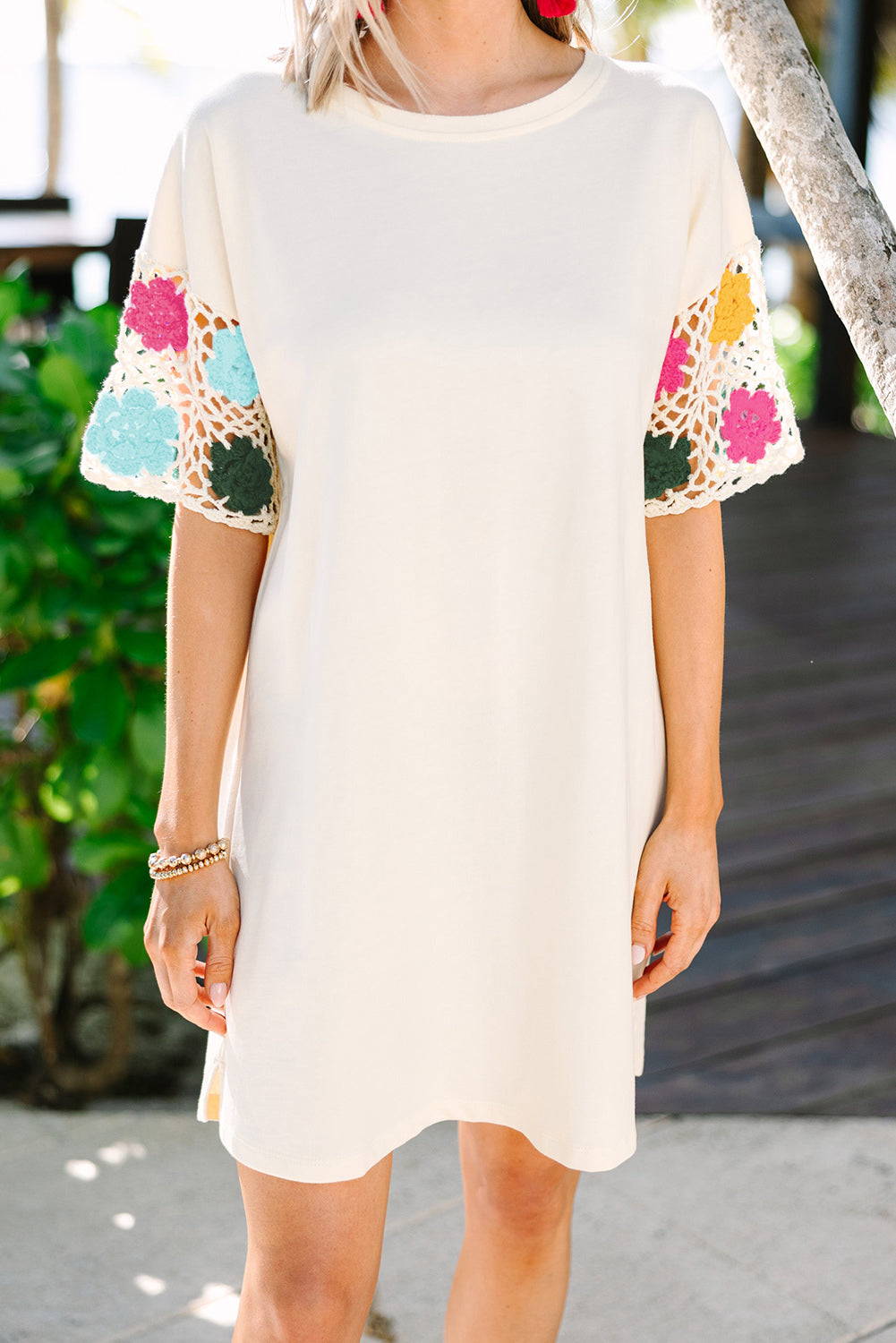 White Floral Crochet Splicing Sleeve T-shirt Dress
