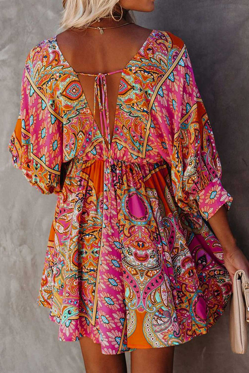 Multicolor Sexy Plunge Neckline 3/4 Sleeve Tie Back Boho Dress