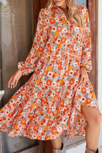 Multicolor Boho Floral Collared Long Sleeve Dress