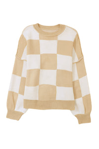 Pink Checked Bishop Sleeve Pullover Sweater