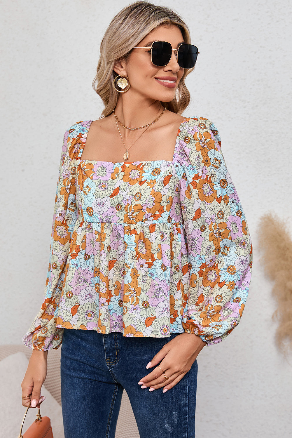 Orange Floral Square Neck Puff Sleeve Babydoll Blouse