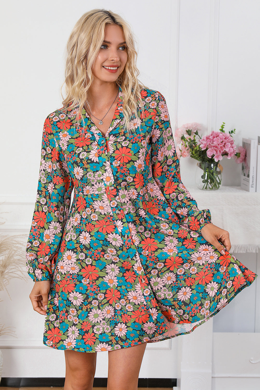 Multicolour Vibrant Floral Print Lapel Collar Button Closure Shirt Dress