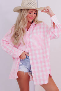 Pink Mix Checked Pocket Patchwork Long Sleeve Shacket