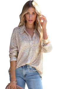 Apricot Sequin Collared Button Up Shirt